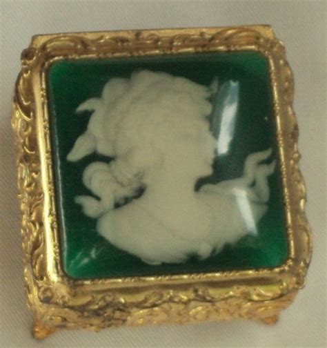 metal box with enamel jade feet and green cameo|Metal Cameo Jewelry Box .